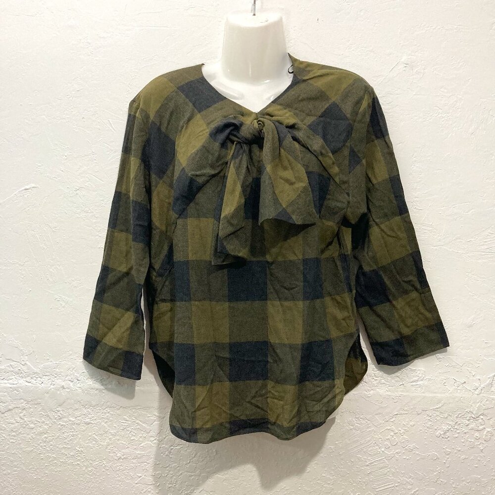 Zara Woman Top Blouse Plaid Wool Blend Tie Front Green Black Buffalo Check S